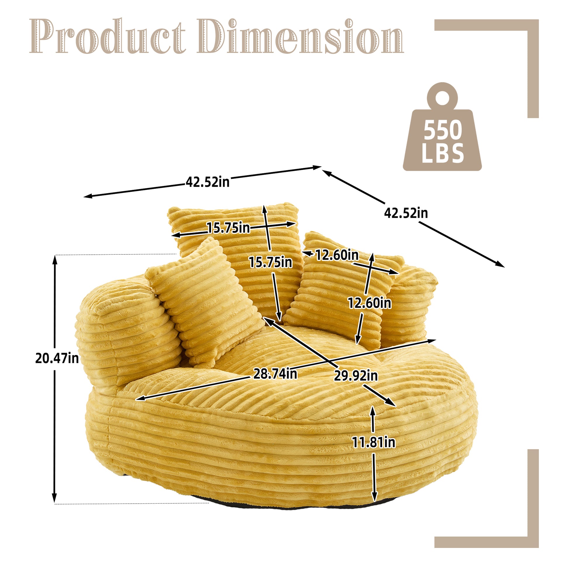 Single Bean Bag Chairs, Bean Bag Sofa for Adults, Kids,Corduroy Bean Bag Chair with 3 Pillows & Armrest,Beanbag Chair & Lazy Sofa with Foam Filler for Bedroom Living Room Dorm image 7
