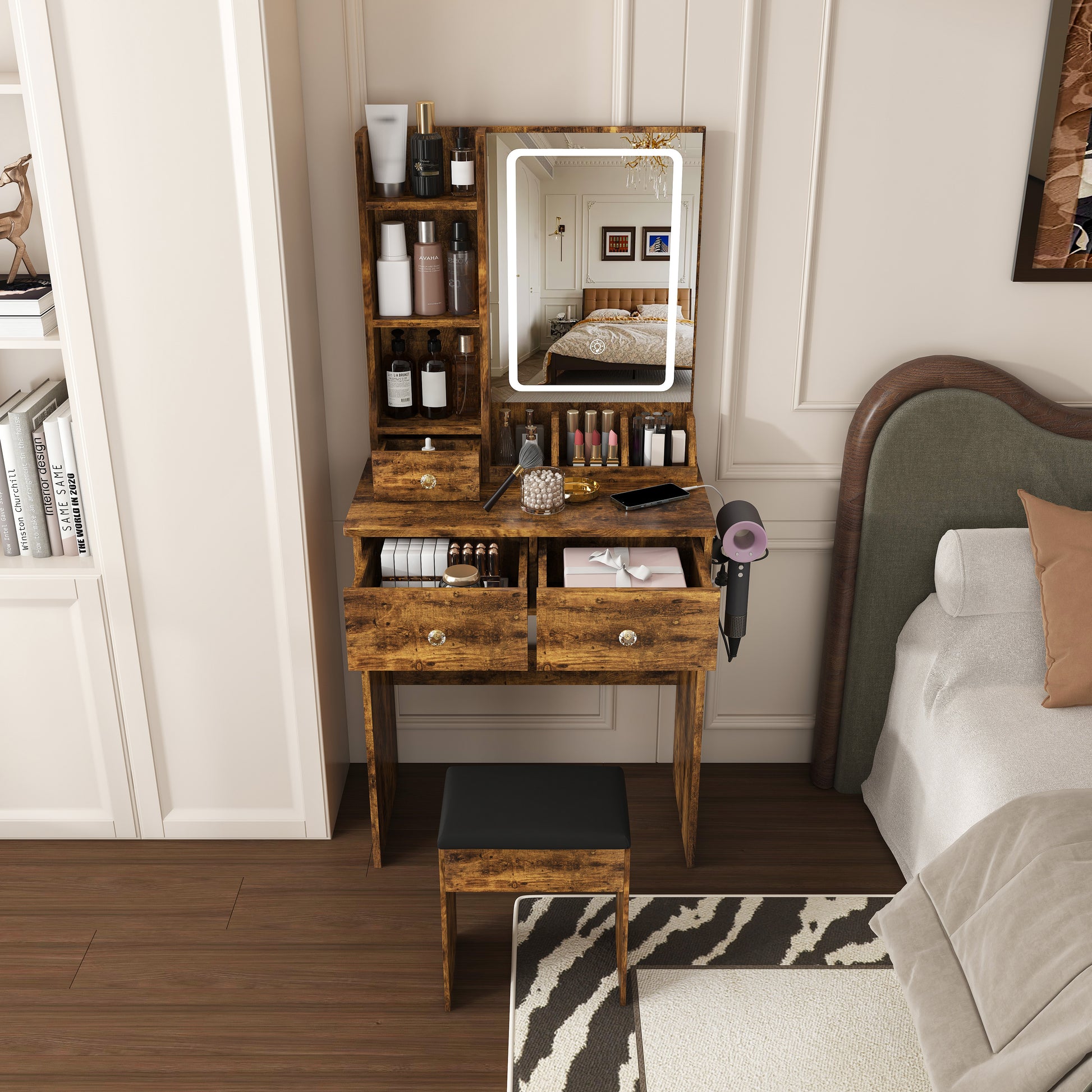 Modern small Vanity Desk,featuring 3 modes of LED lighting with adjustable brightness, 3 drawers and multiple open storage shelves, a hair dryer holder and power socket, and a dressing chair. brown image 3