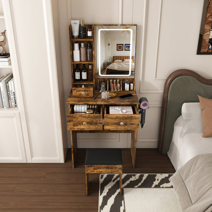 Modern small Vanity Desk,featuring 3 modes of LED lighting with adjustable brightness, 3 drawers and multiple open storage shelves, a hair dryer holder and power socket, and a dressing chair. brown image 3