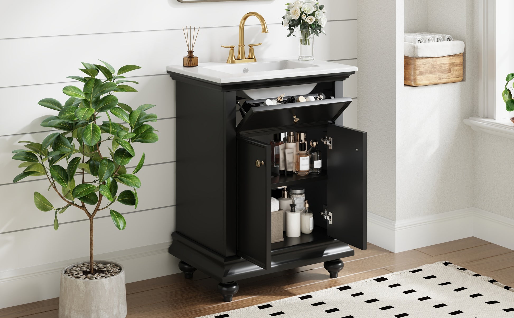 24" Modern Bathroom Vanity with A Tip-Out Drawer & Soft-Close Hinges, Bathroom Cabinet with Back Open Structure, Ball-Turned Legs with French Elegance image 11