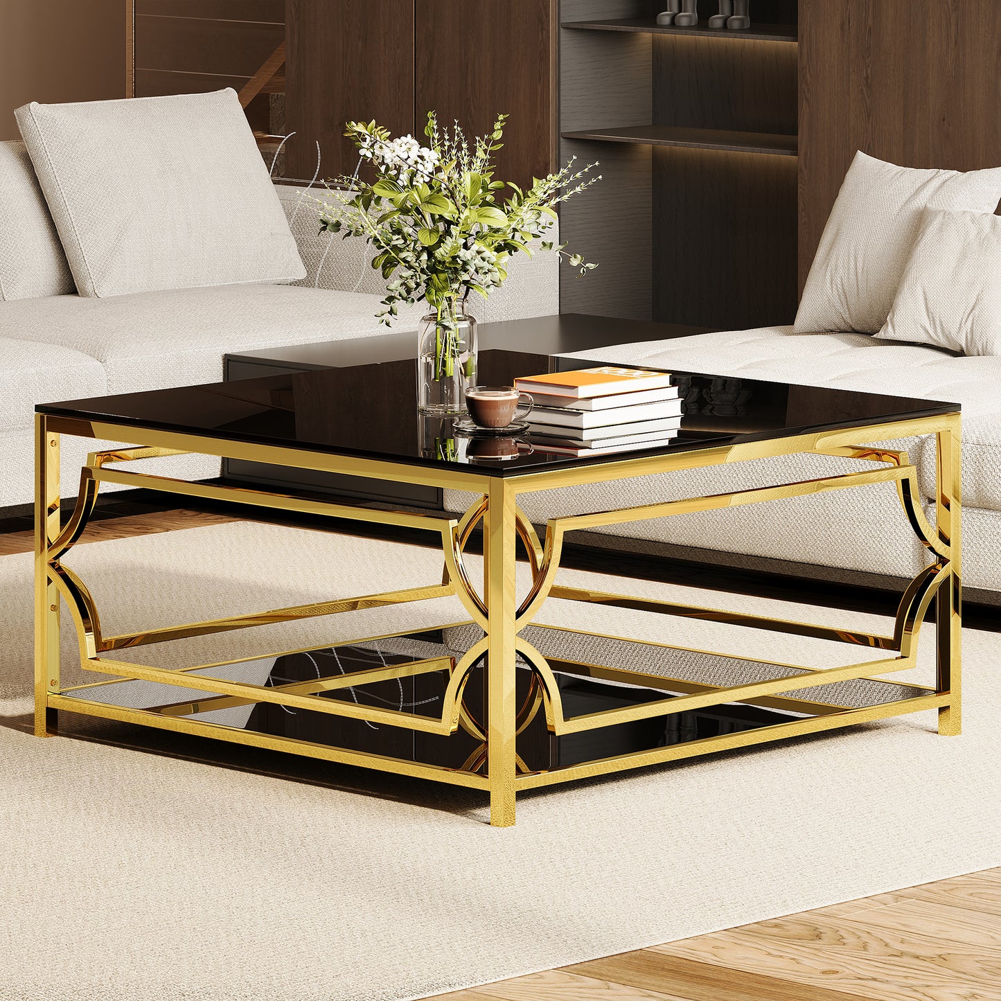 Square Glass Coffee Table in 33.5",Luxurious Geometric Metal Frame,Gold Finish & Lower Shelf image 3