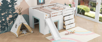 Full Size Low Loft Bed with Slide,Three Storage Drawers and Two Doors,White image 8
