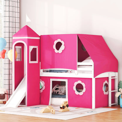 Twin Size Loft Bed with Slide Pink Tent and Tower - Pink(OLD SKU:N708P249511H) image 1