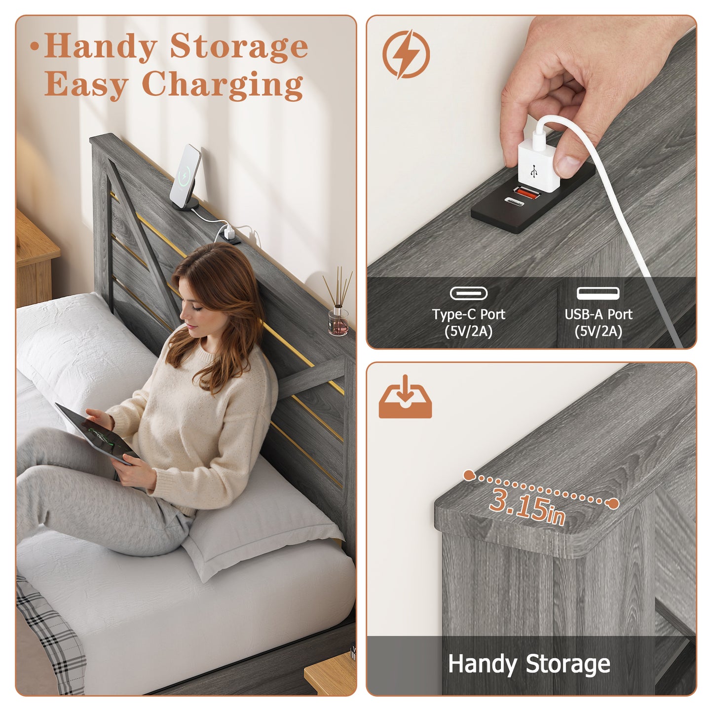 Queen-size Storage Bed Frame with Storage Headboard (4 Storage Drawers on Bed Body + LED Lighting) – Anti-slip & Noise-free Metal Mattress Support Platform + Sturdy Metal Slat Base, Grey image 6