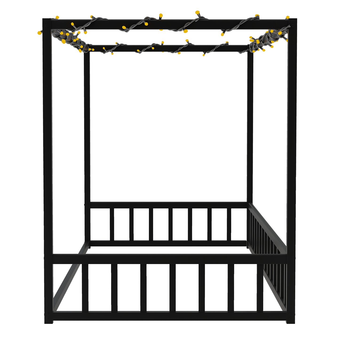 Twin size sunshade floor bed, iron double-size bed frame, modern low-profile double-size bed, equipped with fence-style guardrails, black series image 6