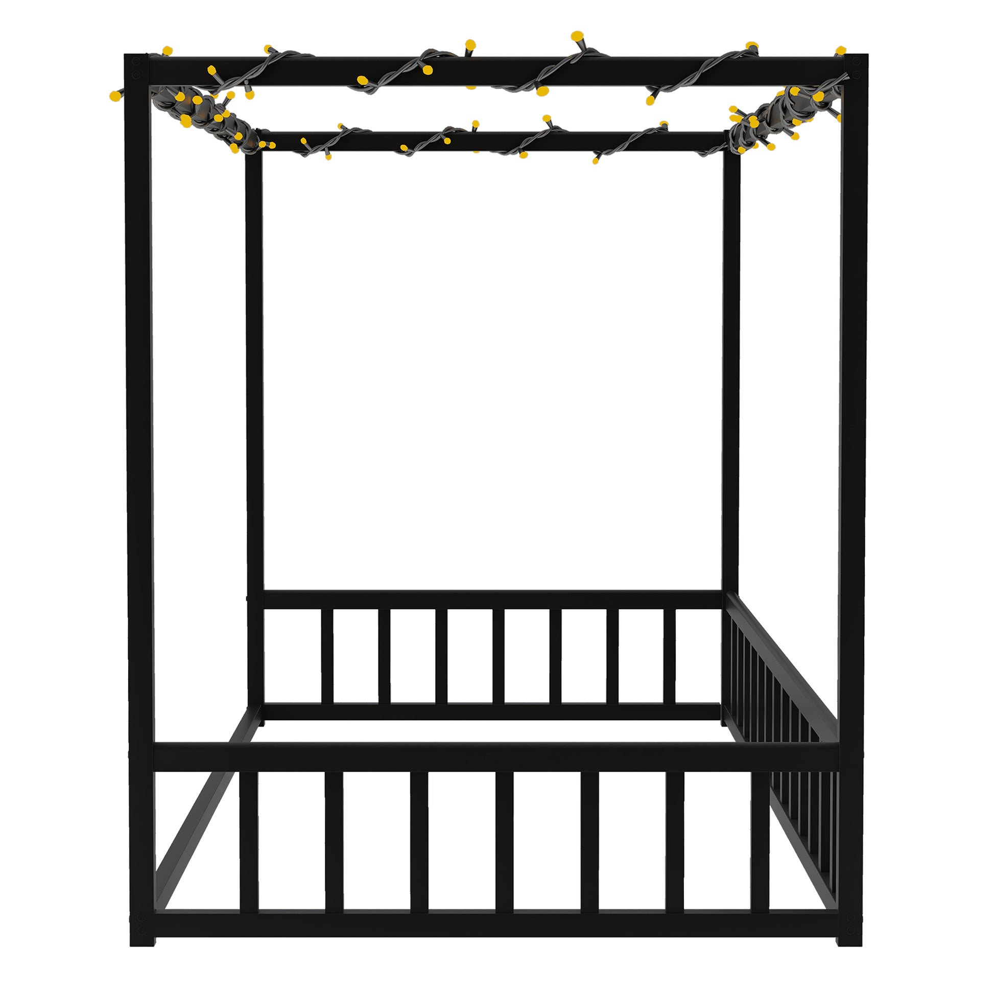 Twin size sunshade floor bed, iron double-size bed frame, modern low-profile double-size bed, equipped with fence-style guardrails, black series image 6