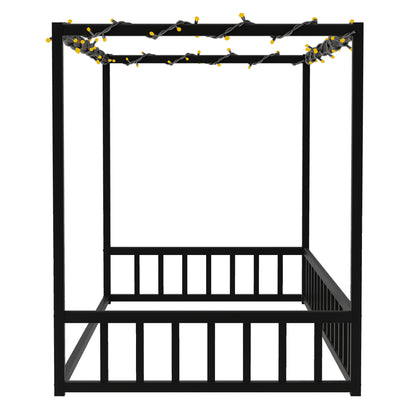 Twin size sunshade floor bed, iron double-size bed frame, modern low-profile double-size bed, equipped with fence-style guardrails, black series image 6