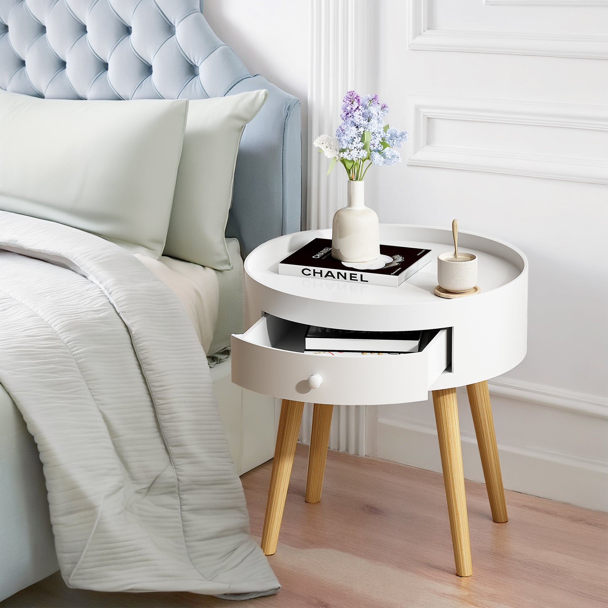 18"H Nightstand with Storage Drawer & Oak Legs Bedside Table, Sofa Side Coffee Table for Bedroom, Living Room, White image 1