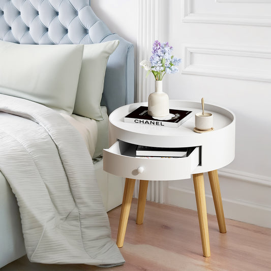 18"H Nightstand with Storage Drawer & Oak Legs Bedside Table, Sofa Side Coffee Table for Bedroom, Living Room, White image 1