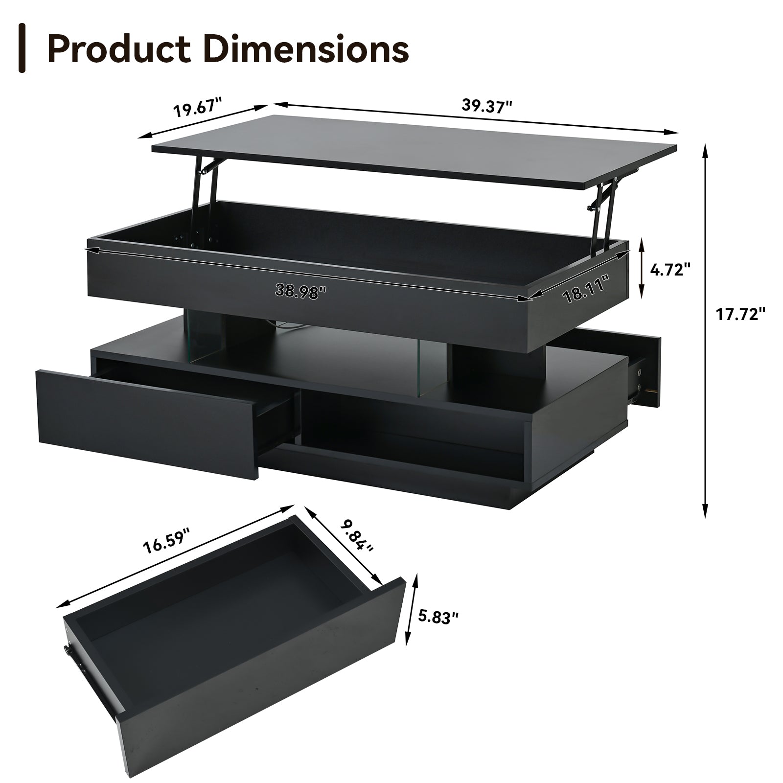 39.3" Lift Top Coffee Table with Hidden Compartment, 2 Storage Drawers and Ajustable LED Lights,Modern Multifunction Coffee Tables for Living Room, Bedroom,Office(Black) image 7