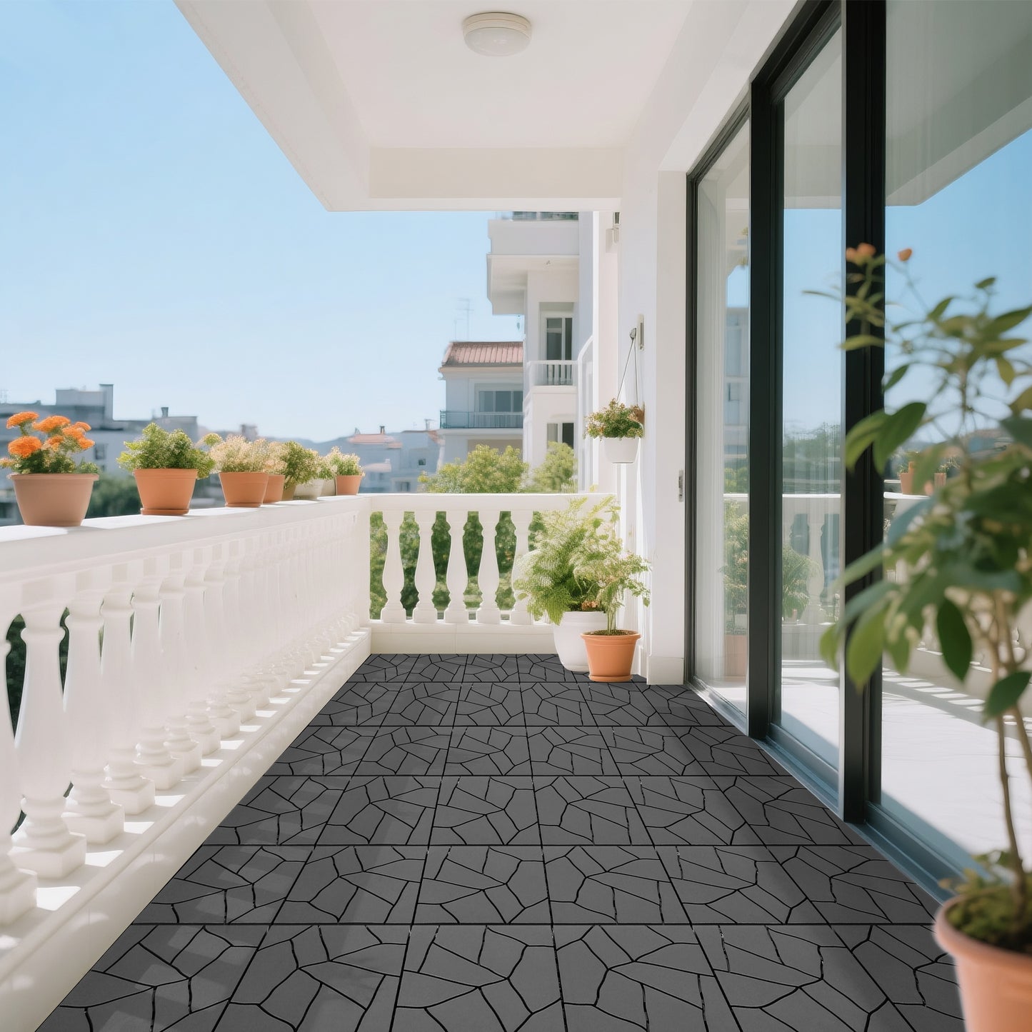 Stone Style 12" Patio Deck Tiles, DIY Module Interlocking Decking Tiles Floor Tile Outdoor and Indoor,Easy and Quick Installation Court Tiles for Porch Poolside Balcony Backyard 44pcs,dark gray image 7