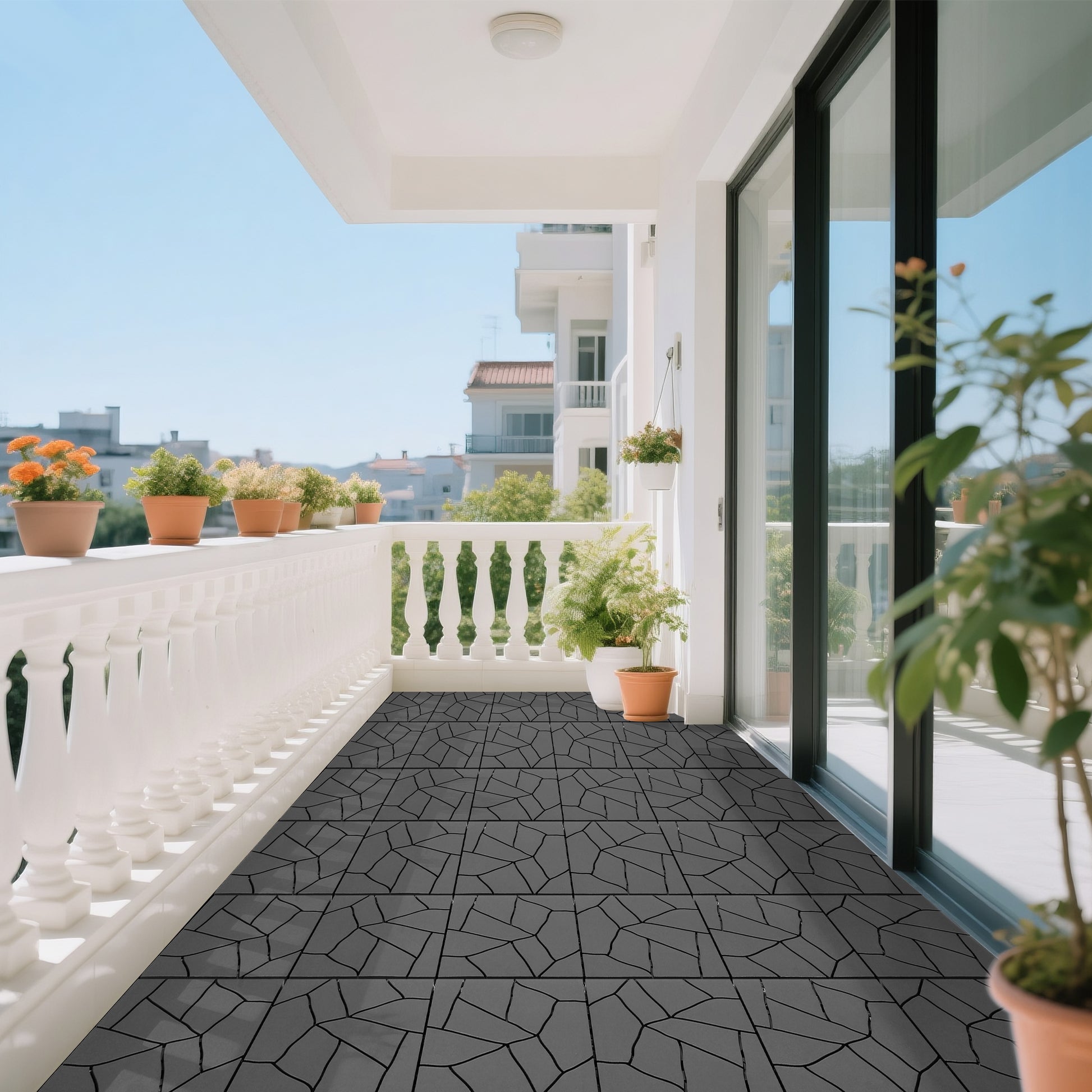 Stone Style 12" Patio Deck Tiles, DIY Module Interlocking Decking Tiles Floor Tile Outdoor and Indoor,Easy and Quick Installation Court Tiles for Porch Poolside Balcony Backyard 44pcs,dark gray image 7