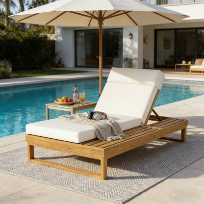Teak Finish Acacia Wood Chaise Lounge with 4-Inch Beige 4-Fold Cushion Set, Adjustable Outdoor Patio Lounger with Flat Side Surface, for Poolside- Matching cream,dark gray version available image 5