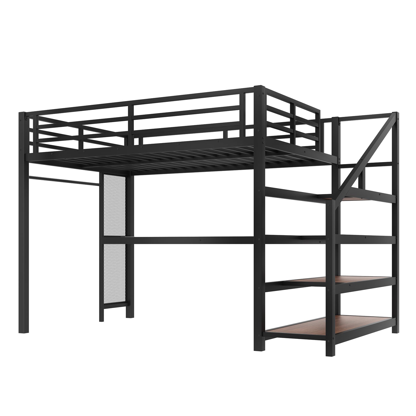Full Loft Bed with Desk and Storage Stairs, Metal Loft Beds with LED Lights, USB Ports, Multifunctional Iron Nets, No Spring Box Needed and Noise-free, Black image 7