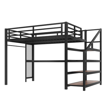Full Loft Bed with Desk and Storage Stairs, Metal Loft Beds with LED Lights, USB Ports, Multifunctional Iron Nets, No Spring Box Needed and Noise-free, Black image 7