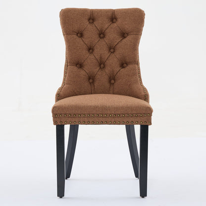 Nikki Collection Modern, High-end Tufted Solid Wood Contemporary Flax Upholstered Linen Dining Chair with Wood Legs Nailhead Trim 2-Pcs Set,Coffee color, SW6801CF image 2