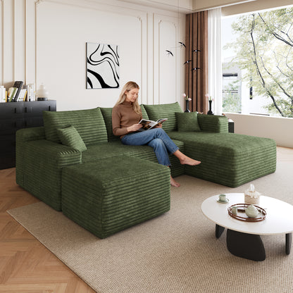 95" Cloud Sectional Sofa with 1 Ottoman,Modern Minimalist Upholstered Couches, Comfort U Shaped Sofa for Living Room,Deep Seat Corner Couch,No Assembly Required,Green((Plush Corduroy Fabric) image 2