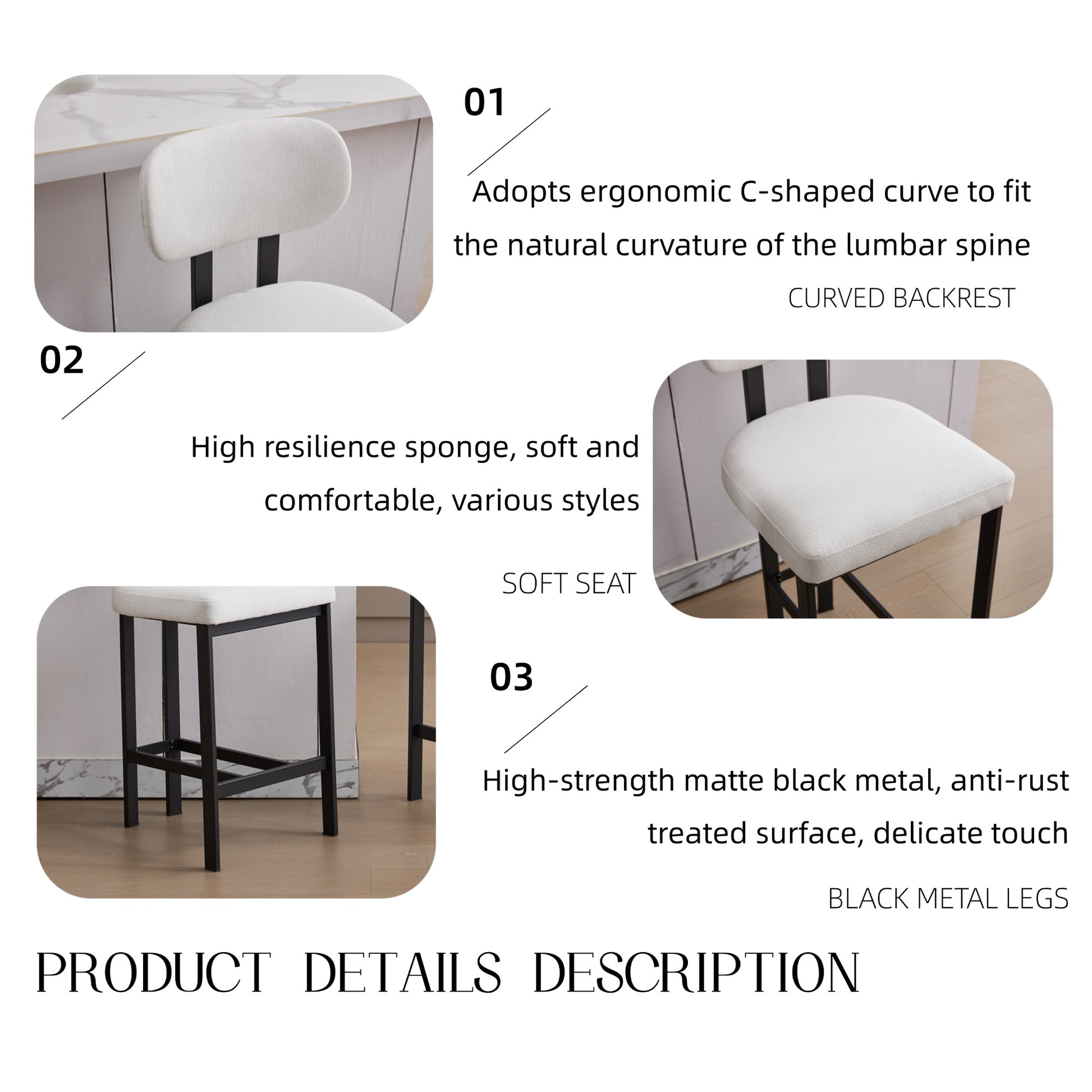 Bar Stools Set of 2, 26 inch Modern Upholstered Fabric Counter Height Barstools, Kitchen Island Chairs with Black Metal Legs for Dining Room/Kitchen Island/Bar image 5