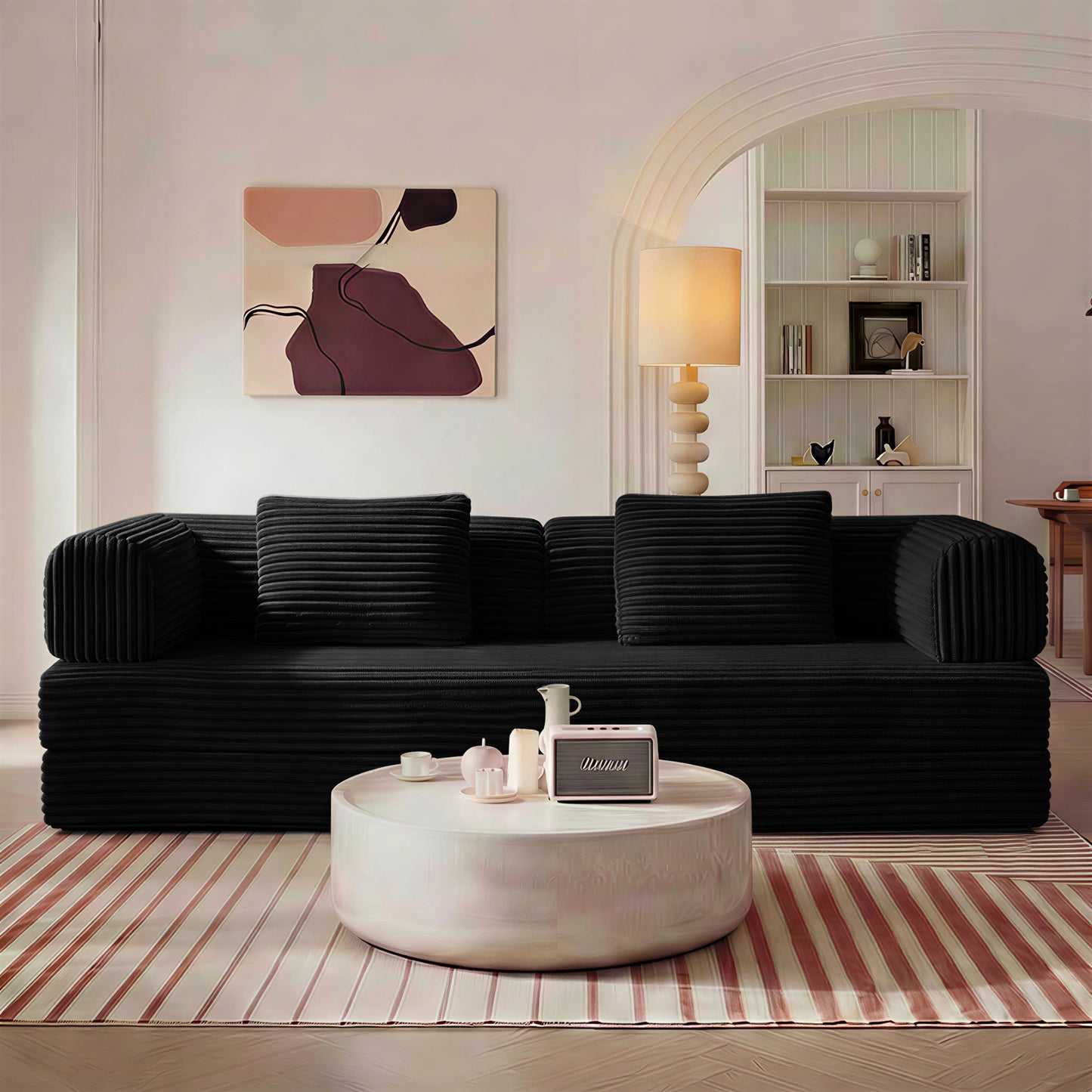 Compression Sofa,Convertible Floor Sofa Bed-with Pillow Back Support Armrest,Comfy Futon Couch Sleeper Bed,Loveseats Boneless Modular Sectional Sofa,Corduroy fabric,for Living Room,Bedroom,Black image 1