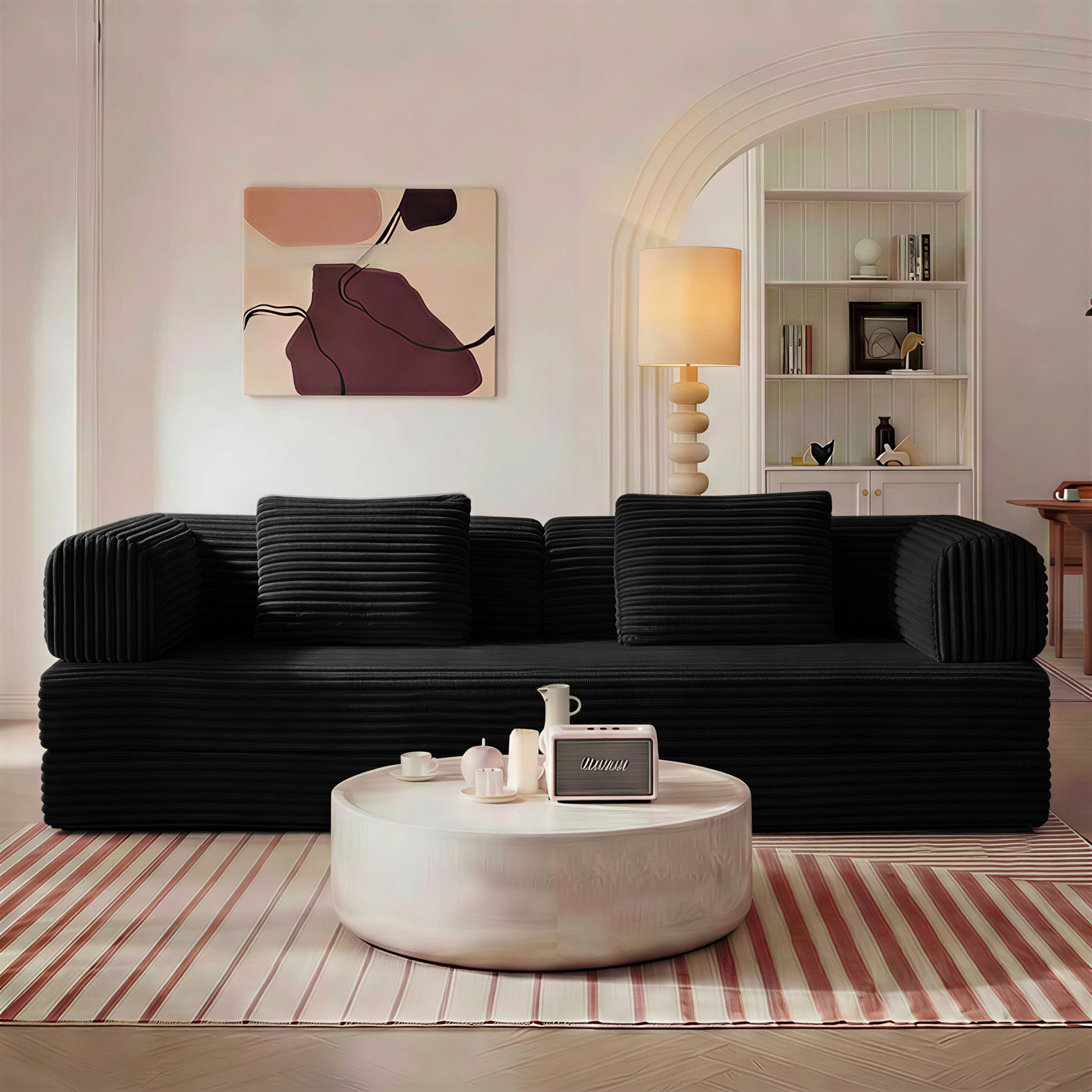 Compression Sofa,Convertible Floor Sofa Bed-with Pillow Back Support Armrest,Comfy Futon Couch Sleeper Bed,Loveseats Boneless Modular Sectional Sofa,Corduroy fabric,for Living Room,Bedroom,Black image 1