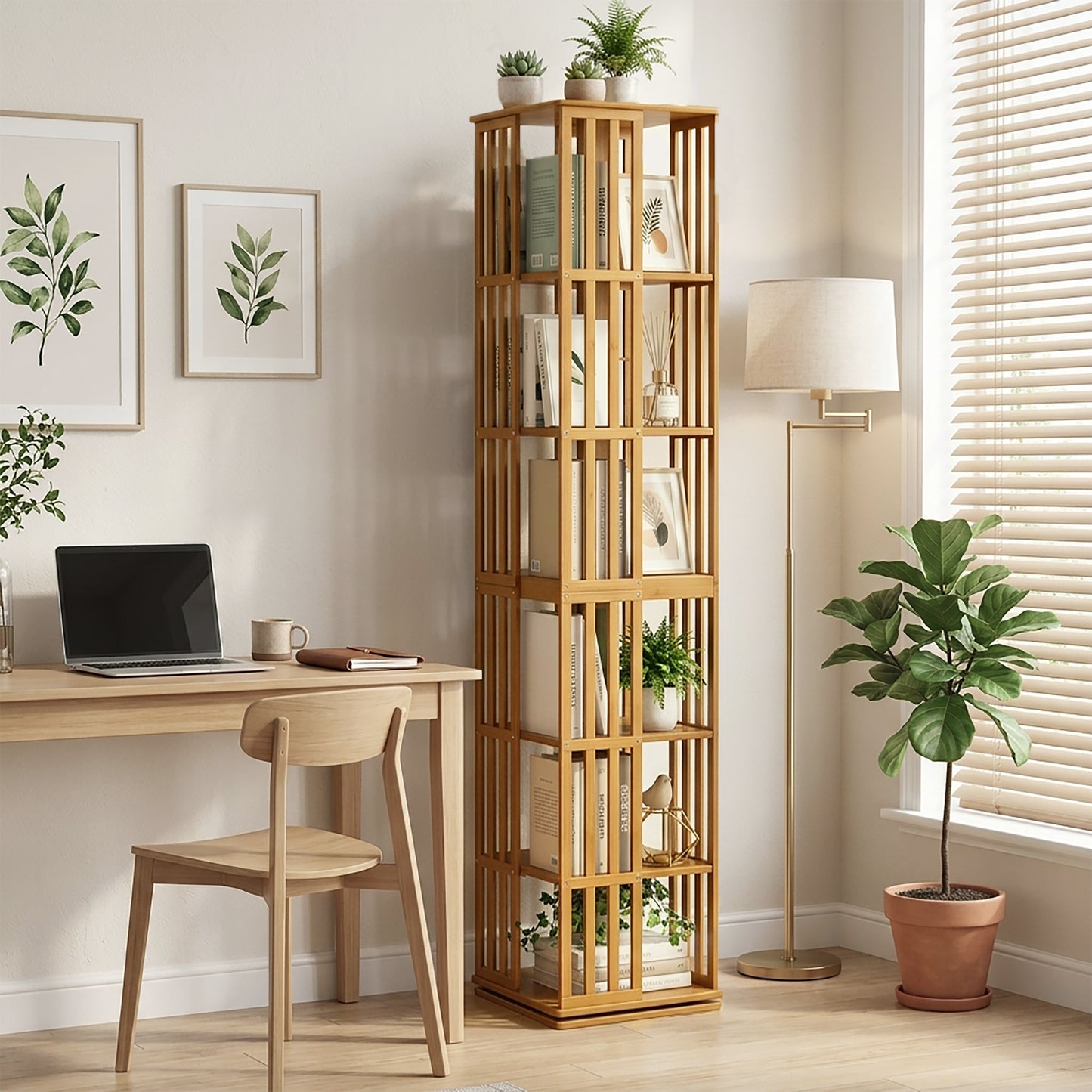 Rotating Bookshelf Tower, 360° Display Spinning Bookcase, 6 Tier Bamboo Bookshelf Floor Standing Storage Rack, Wood Narrow Book Shelf Organizer for Kids Adults (BROWN) image 8