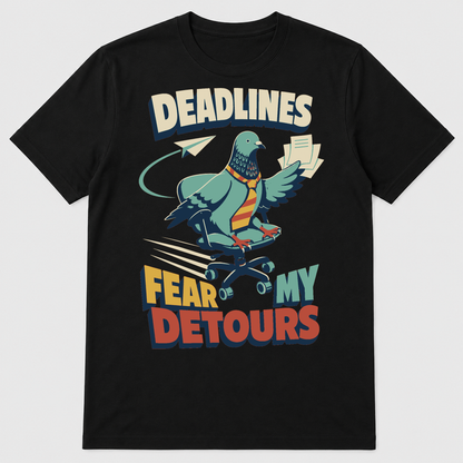 Deadline Detour Pigeon Graphic T-Shirt - POD-20260807-120_black_front_mockup