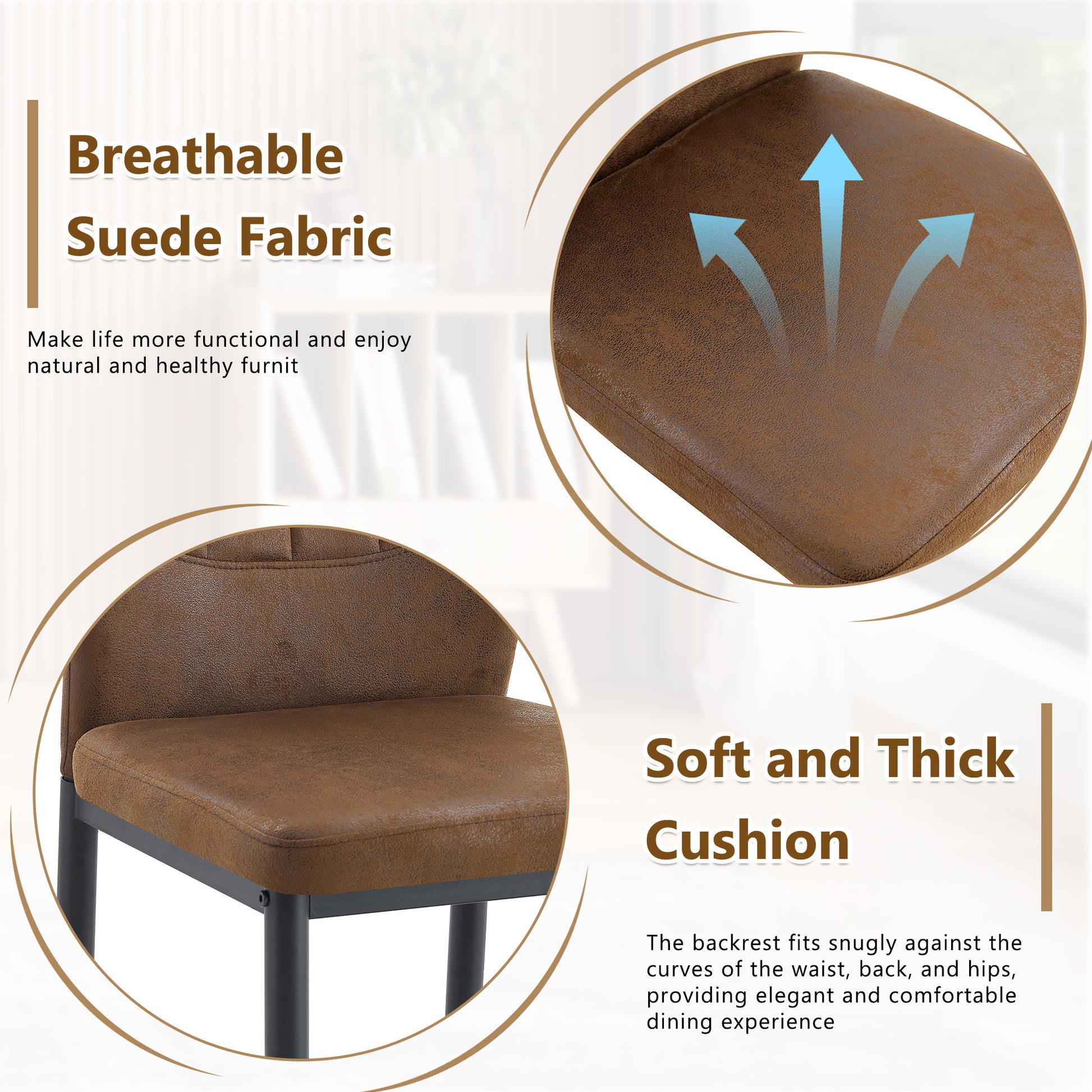 Set of 3 Brown - and - Black Dining Chairs with Shell - pattern, 37 inches High: Ergonomic Tech Fabric Backrest, Combines Comfort and Style. image 5