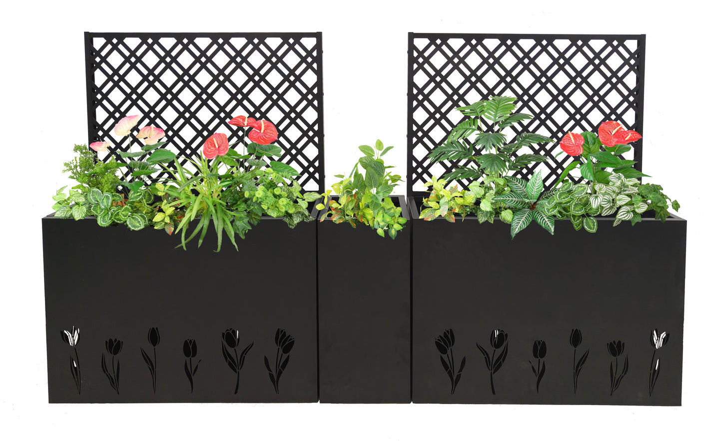 Metal Planter-Trellis Combo (Set of 3) - Raised Garden Bed, Flower Trellis & Privacy Screen for Patio, Balcony, Garden, Rust-Resistant Planter Box with Drainage Holes, 23.6in Depth Planting Bed, Tulip image 1