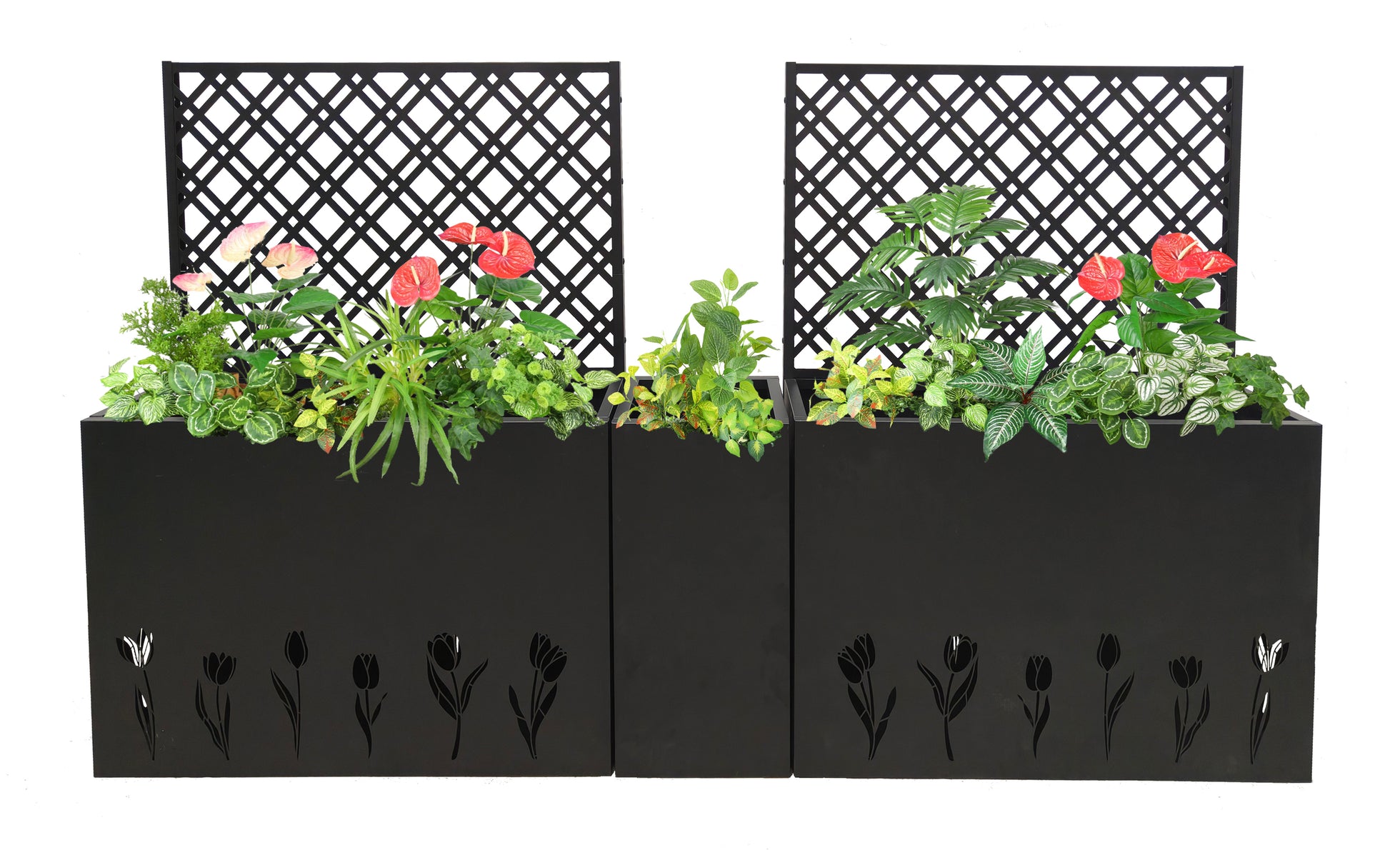 Metal Planter-Trellis Combo (Set of 3) - Raised Garden Bed, Flower Trellis & Privacy Screen for Patio, Balcony, Garden, Rust-Resistant Planter Box with Drainage Holes, 23.6in Depth Planting Bed, Tulip image 1