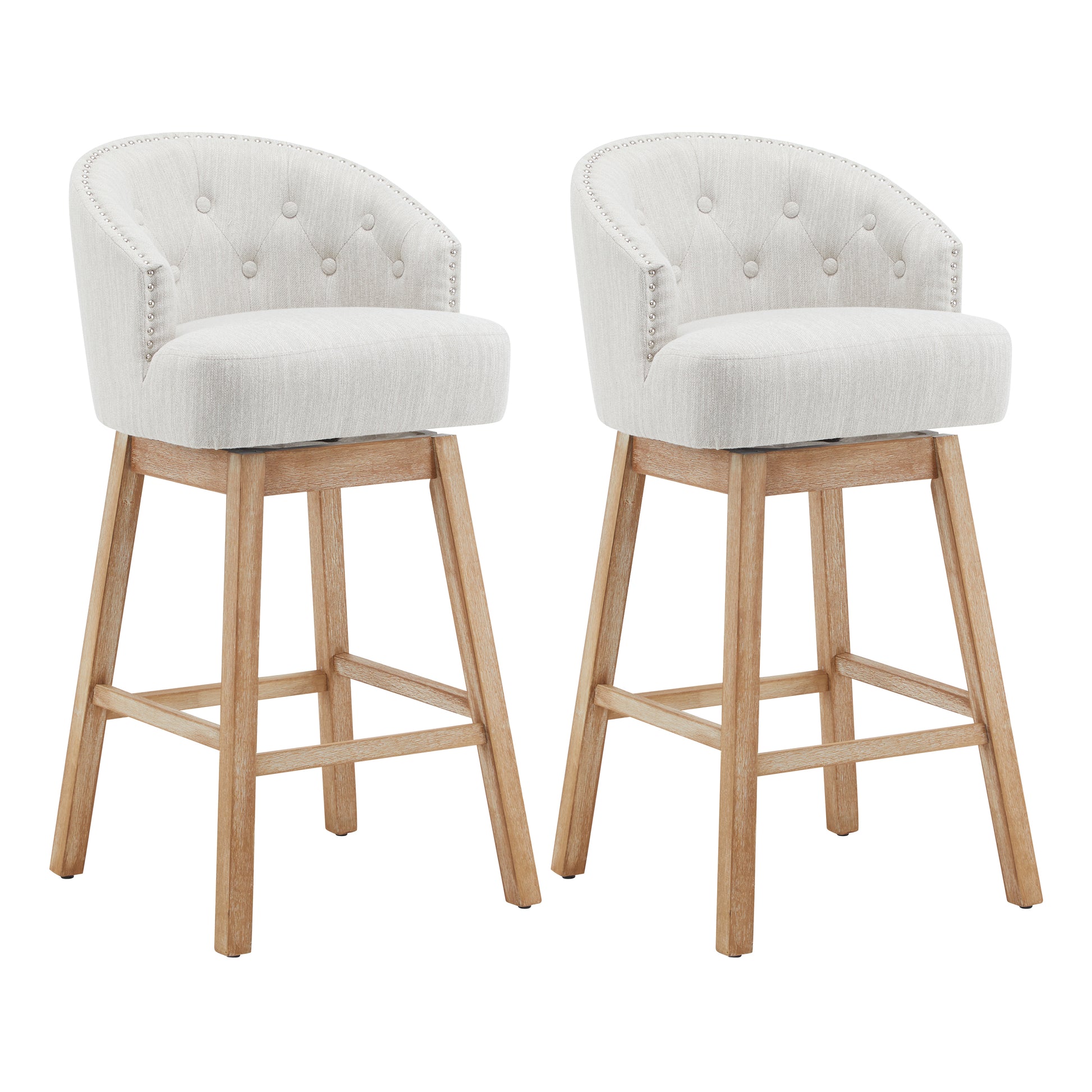 33.25" Swivel Counter Stools Set of 2, Upholstered Counter Height Bar Stools with Solid Rubber Wood Frame, Backrest, Footrest, Armless Barstools for Home Bar, Kitchen Counter, Natural + Beige image 3