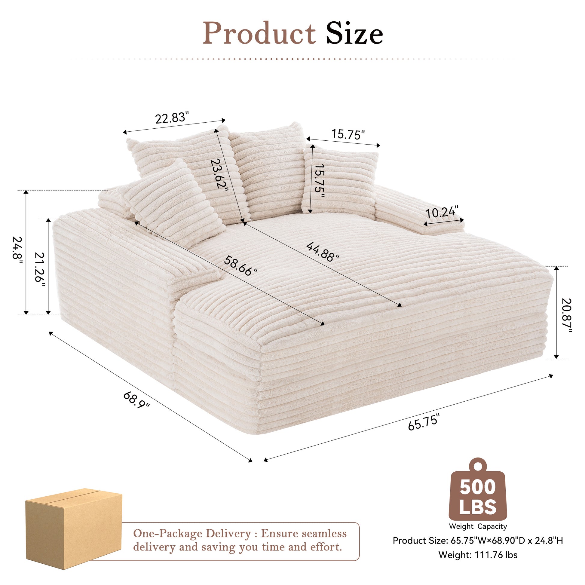 028-Oversized chaise Lounge chair, Upholstered Sleeper Sofa Bed with 4 Throw Pillows and Armrests, Corduroy Fabric Plush Lounge Chair Bed for Living Room, Apartment & Small Spaces, Beige image 2