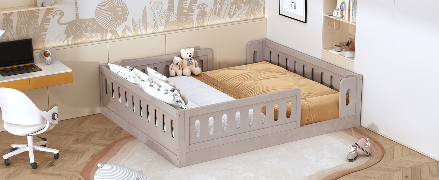Wood Full Size Platform Bed with Guardrail, Natural image 7