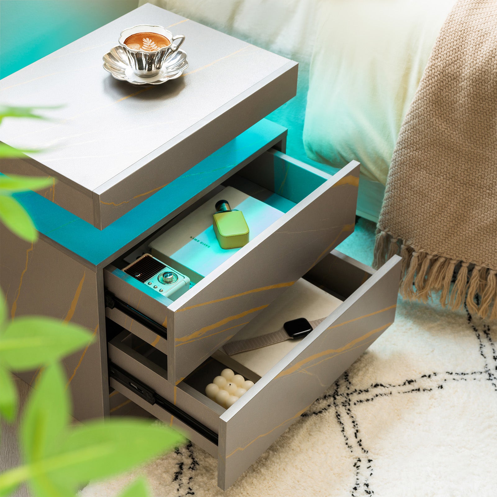 Nightstand LED Bedside Table Cabinet Lights Modern End Side with 2 Drawers for Bedroom (Grey Gold) image 2