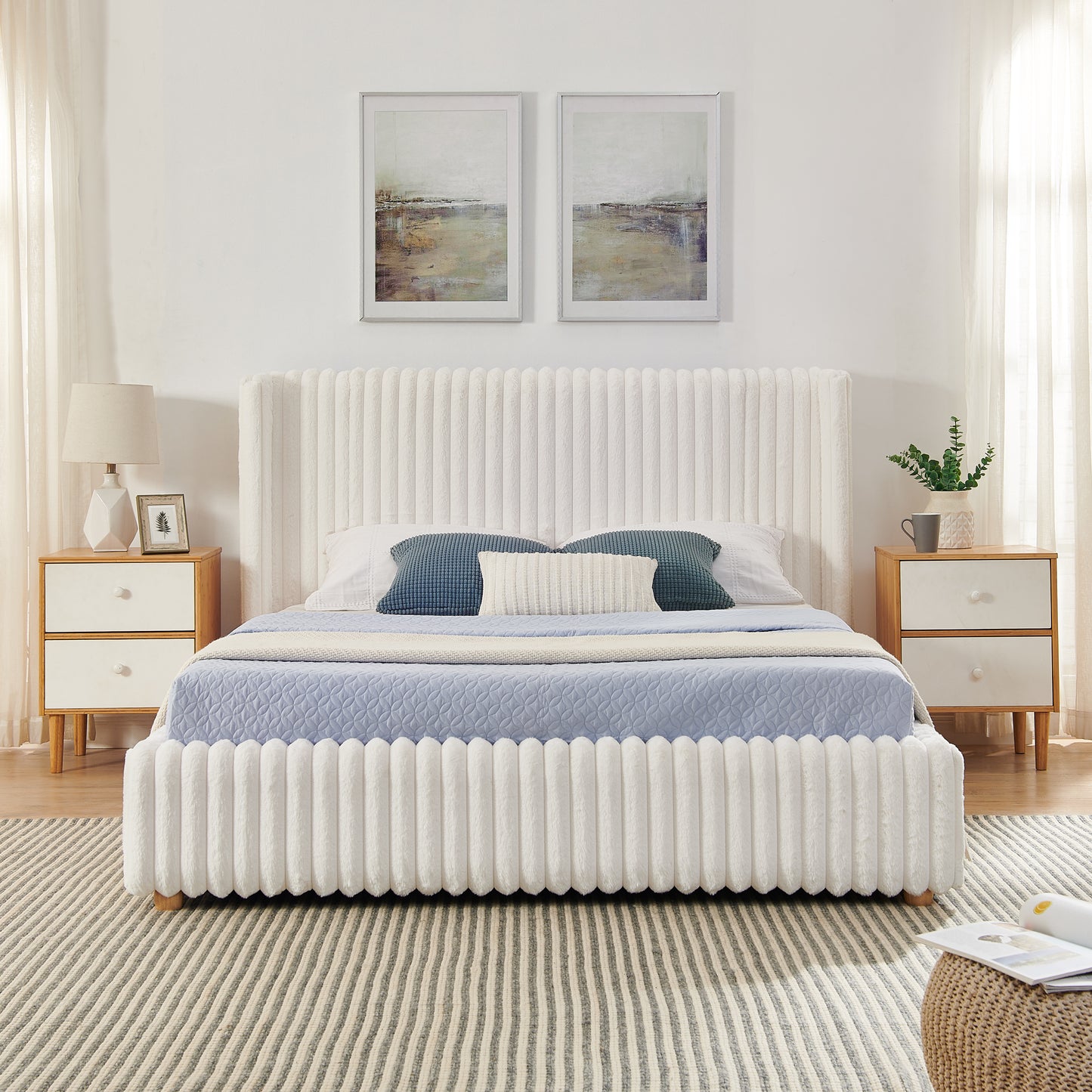 Queen Functional Vertical Striped Bed with Gas Lift Storage, Luxury Fluffy Rabbit Fur Fabric Up-holstered Double Bed image 1