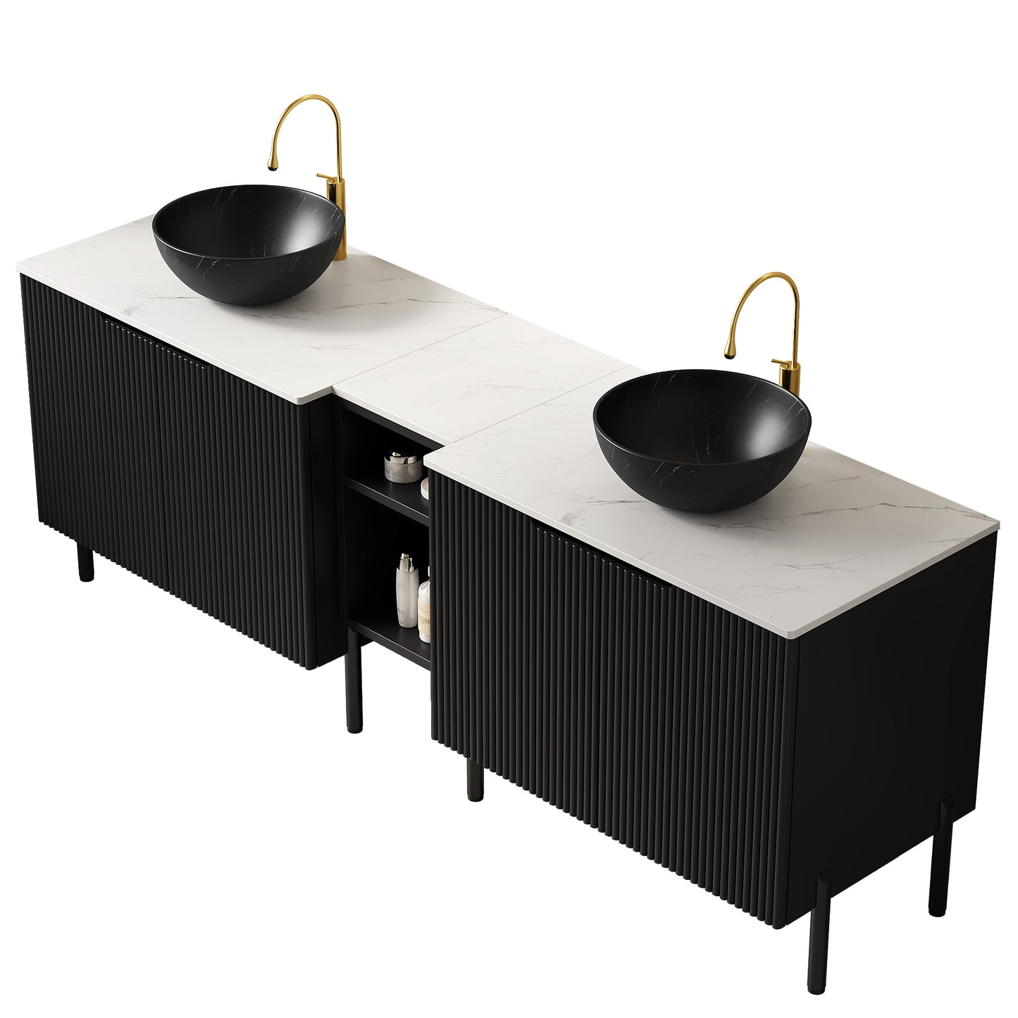 TURIO 72" Freestanding Double Bathroom Vanity with Sinks, 2x30" Striped Storage Cabinets + 12" Removable Open Shelf, 2 Black Bowl Stone Pattern Vessel Basins with Carrara White Countertop, Black image 4