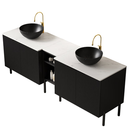 TURIO 72" Freestanding Double Bathroom Vanity with Sinks, 2x30" Striped Storage Cabinets + 12" Removable Open Shelf, 2 Black Bowl Stone Pattern Vessel Basins with Carrara White Countertop, Black image 4