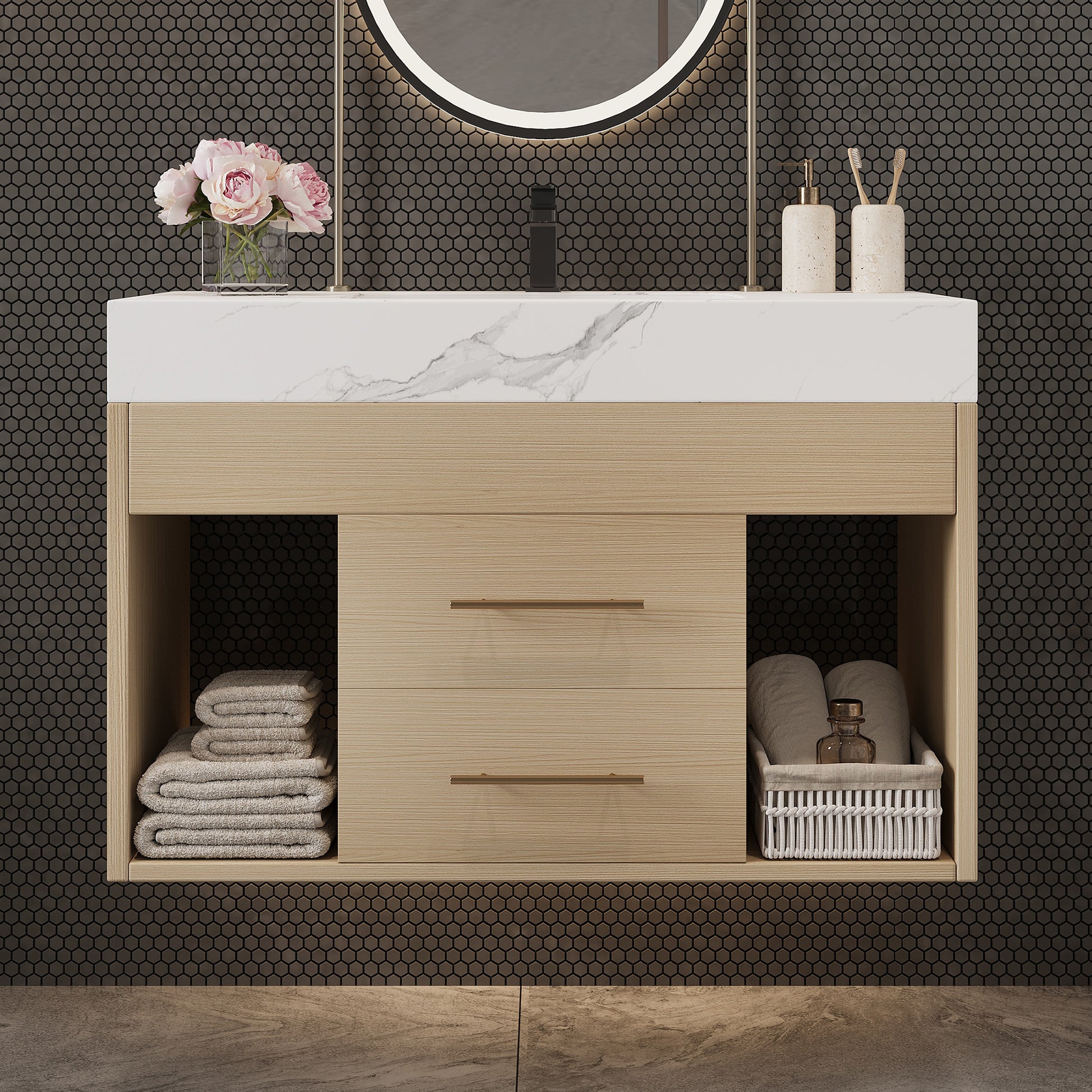 29.9" Modern Floating Bathroom Vanity with Sintered Stone Top Ceramic Undermount Sink Wall-Mounted for Small Bathrooms, Apartment image 3