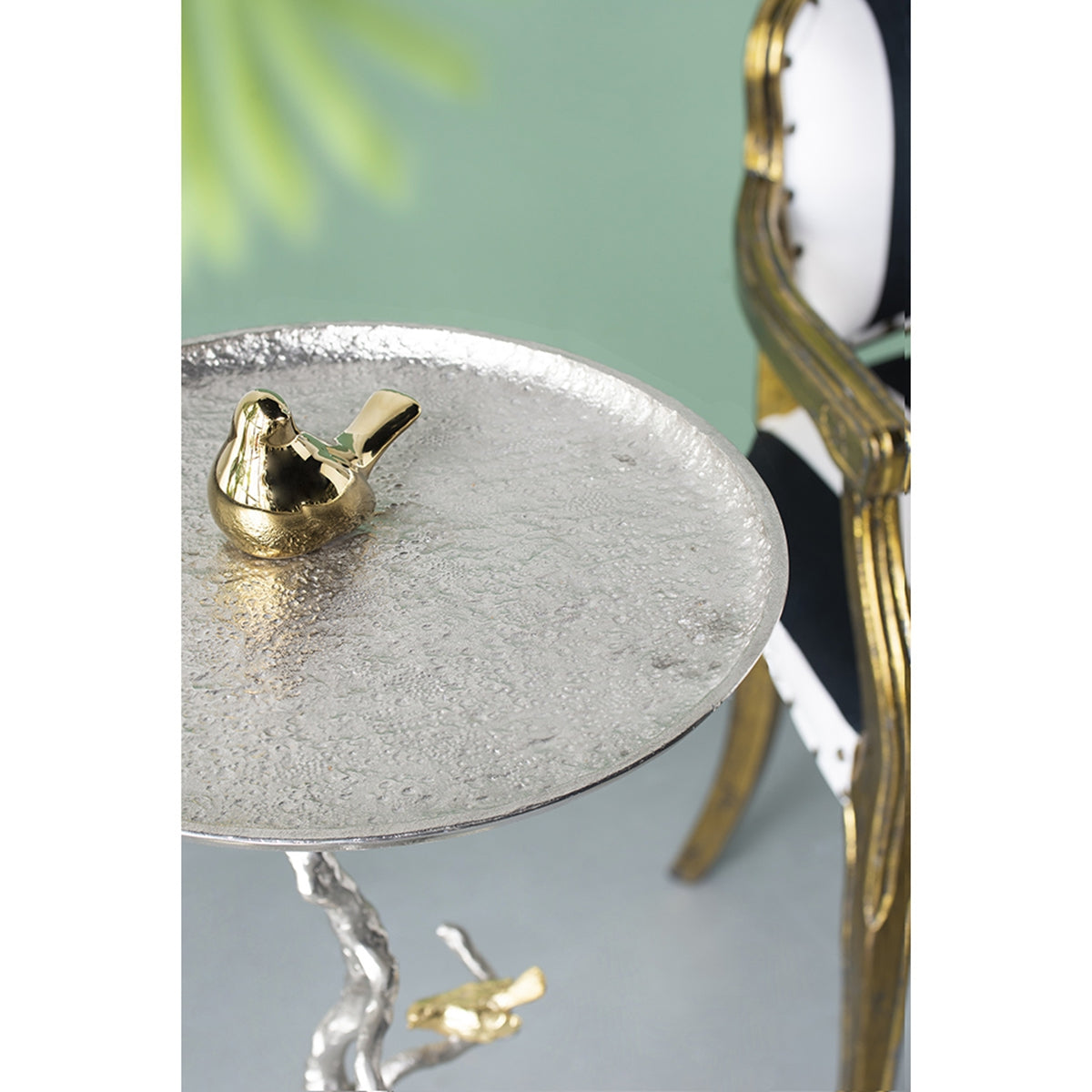 16.9x16.9x28" Round Aluminum Side Table with Silver Branch Design and Gold Bird Accents image 4