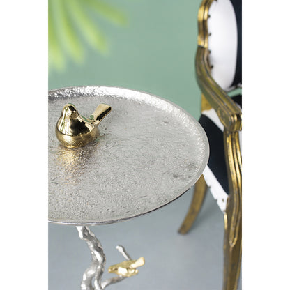 16.9x16.9x28" Round Aluminum Side Table with Silver Branch Design and Gold Bird Accents image 4