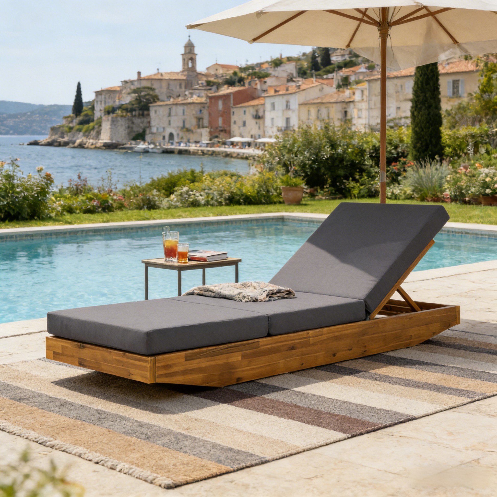 Acacia Wood Chaise Lounge with Cushion - Teak Finish Outdoor Recliner with Dark Grey 3-Fold Water-Repellent Cushion, 300lbs Capacity image 1