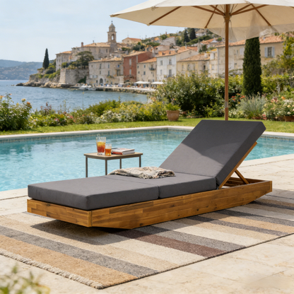 Acacia Wood Chaise Lounge with Cushion - Teak Finish Outdoor Recliner with Dark Grey 3-Fold Water-Repellent Cushion, 300lbs Capacity image 1