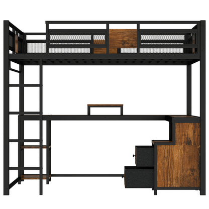 Queen Loft Bed with Desk and Storage Non-woven Fabric Drawers, Metal Loft Bed Frame with Ladders, Nosie-free and No Spring Box Needed, Black image 7