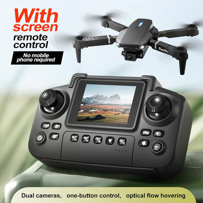 E88 Drone with Screen Controller with SD card, Foldable Mini Drone for Beginners, 2 Batteries, 360° Flips Waypoint Fly, Active Obstacle Avoidance, One Key Take Off/Landing. (2 batteries - Black)