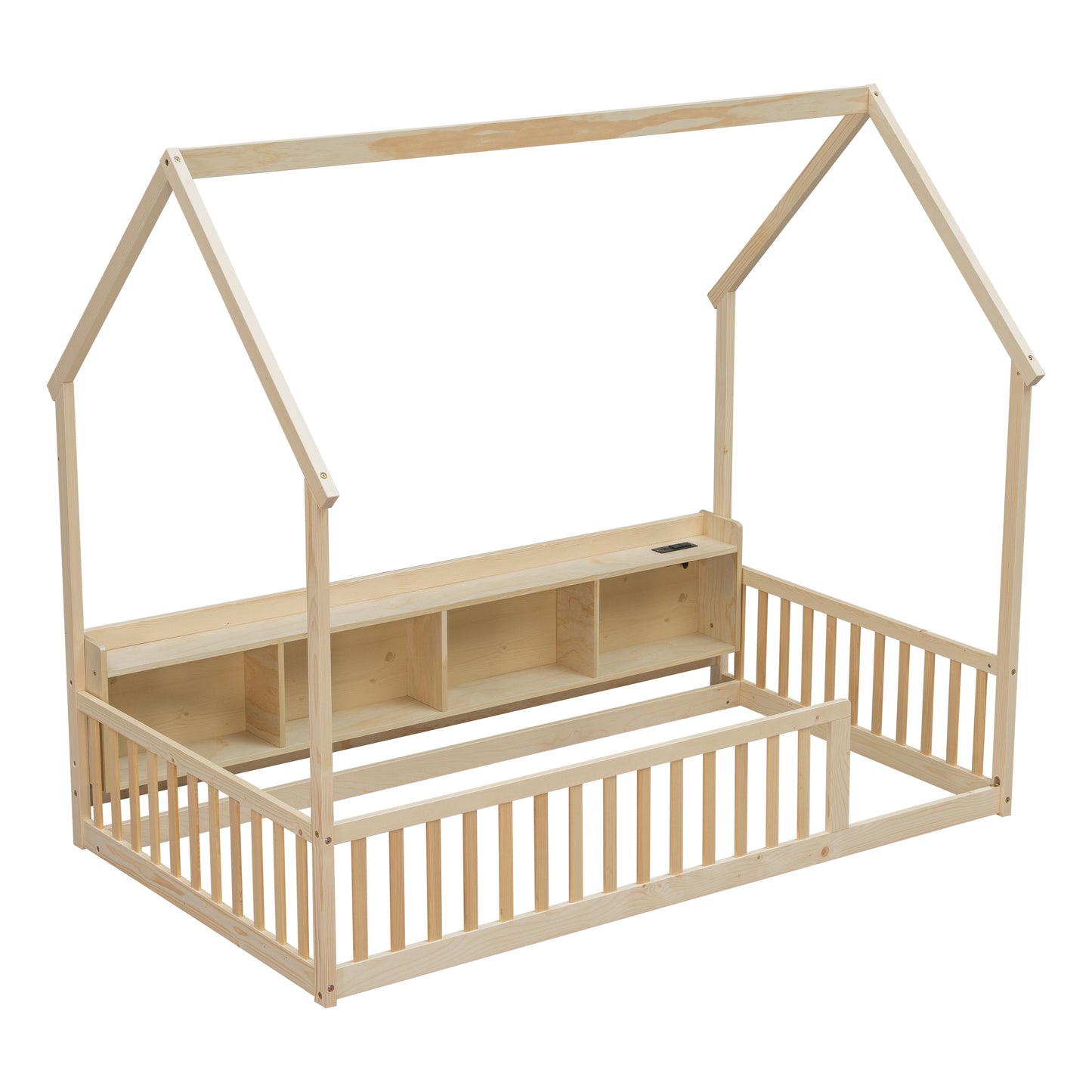 Twin House Floor Bed with Storage Shelves,Built-in LED Lights & Charging Station,Pine Wood Floor Bed with Safety Guardrails,Natural image 8