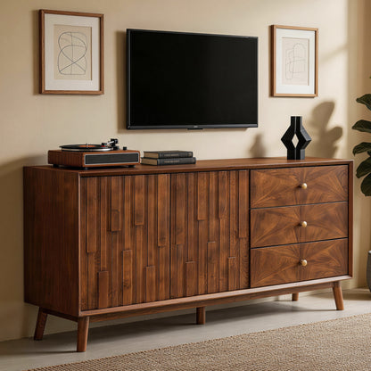 56" Mid Century Modern TV Stand with Storage, Entertainment Center with 3 Drawers and 2 Doors, Wooden Sideboard Buffet Cabinet for Living Room, Dining Room & Entryway, Walnut Brown image 1