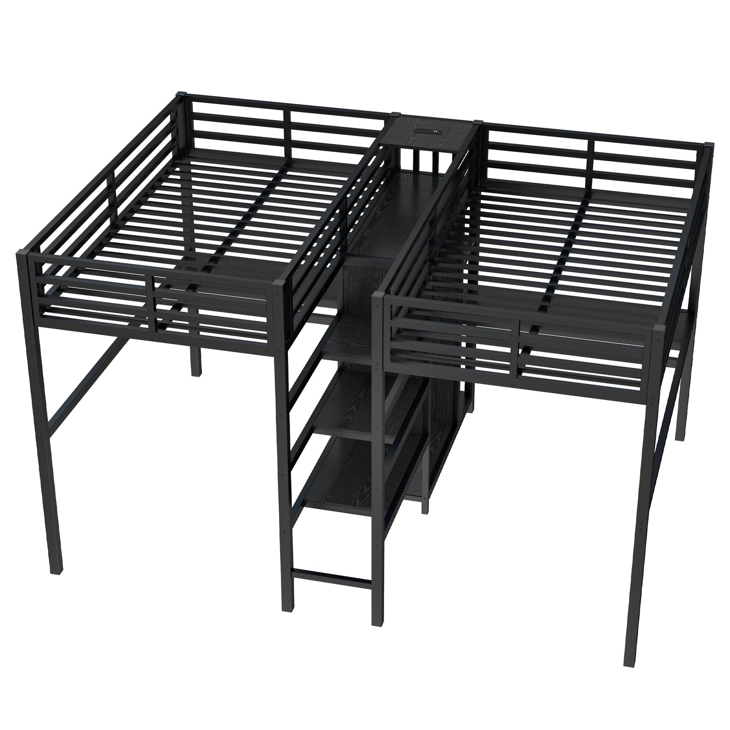 Twin Over Twin Metal Loft Bed with Double Desk and Wardrobe and Shelves with Electrical Outlet for Space Saving and Noise Reduction,Black image 7