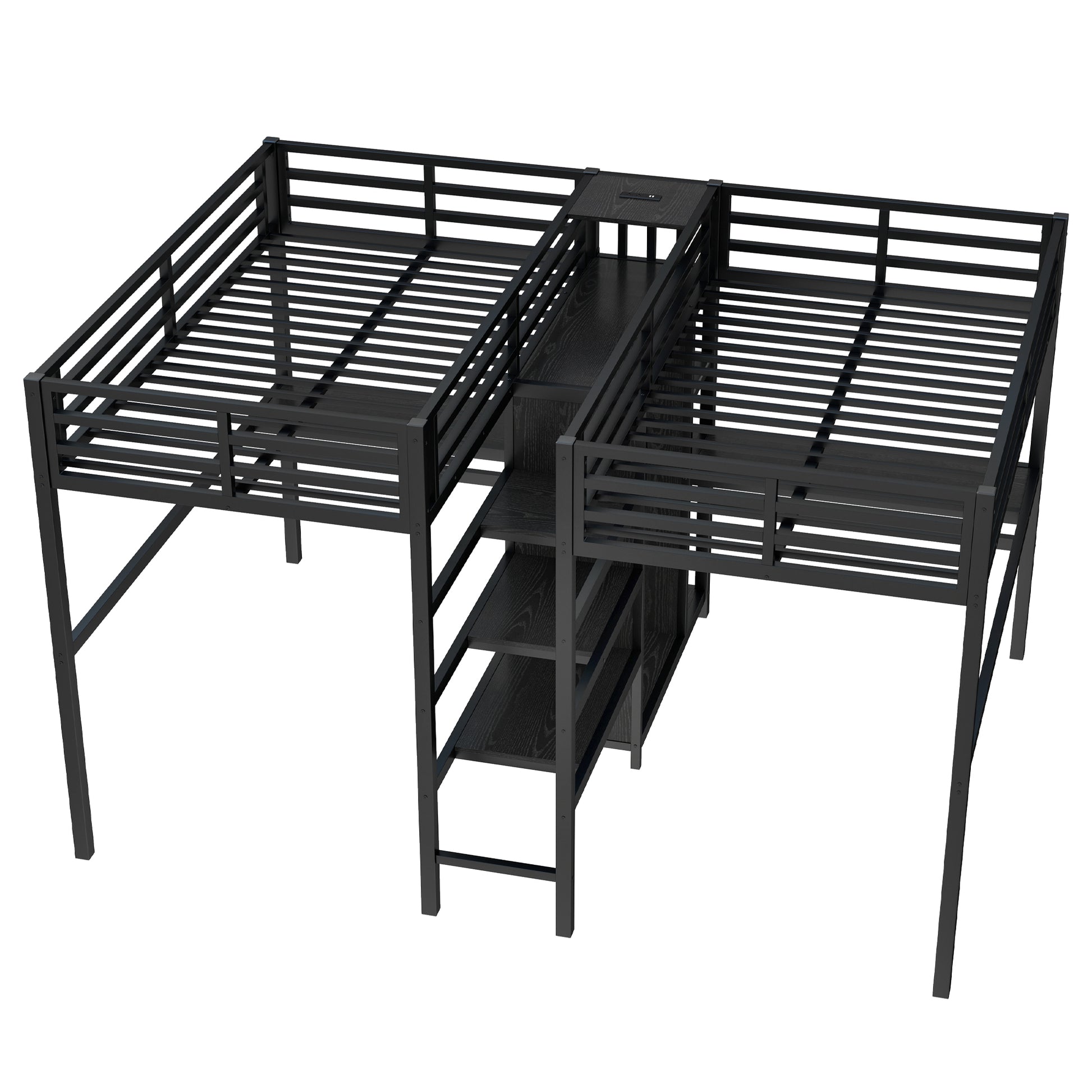 Twin Over Twin Metal Loft Bed with Double Desk and Wardrobe and Shelves with Electrical Outlet for Space Saving and Noise Reduction,Black image 7