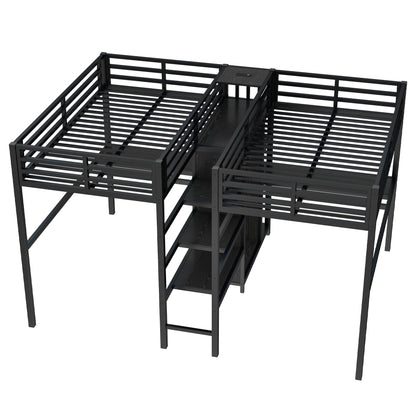 Twin Over Twin Metal Loft Bed with Double Desk and Wardrobe and Shelves with Electrical Outlet for Space Saving and Noise Reduction,Black image 7