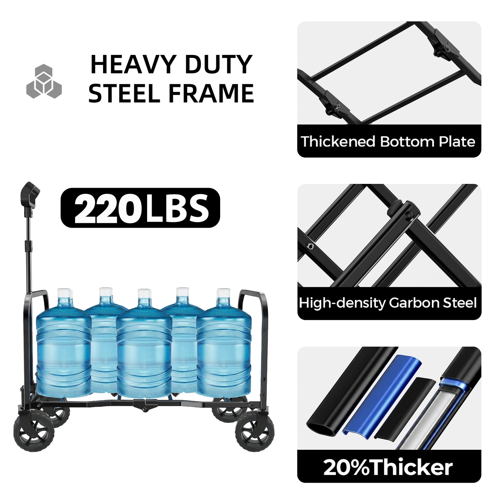 Upgraded 5*2" Wide Wheels, All-in-One Convertible Folding Trolley with Full-Side Opening & Dog Leash, Versatile Seating & Storage, 220Lbs Capacity for Camping, Beach, Shopping, Dark blue image 6