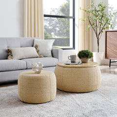 Round Storage Ottoman, 2 in 1 Function, Work as End table and Ottoman,with small seat,Light grey(25"x25"x14.7")